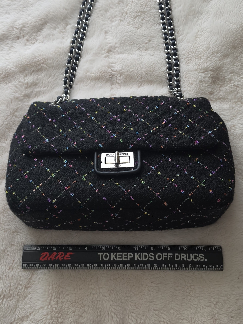 Karl Lagerfeld Black Quilted Chain Shoulder Bag with Multicolor Stitching